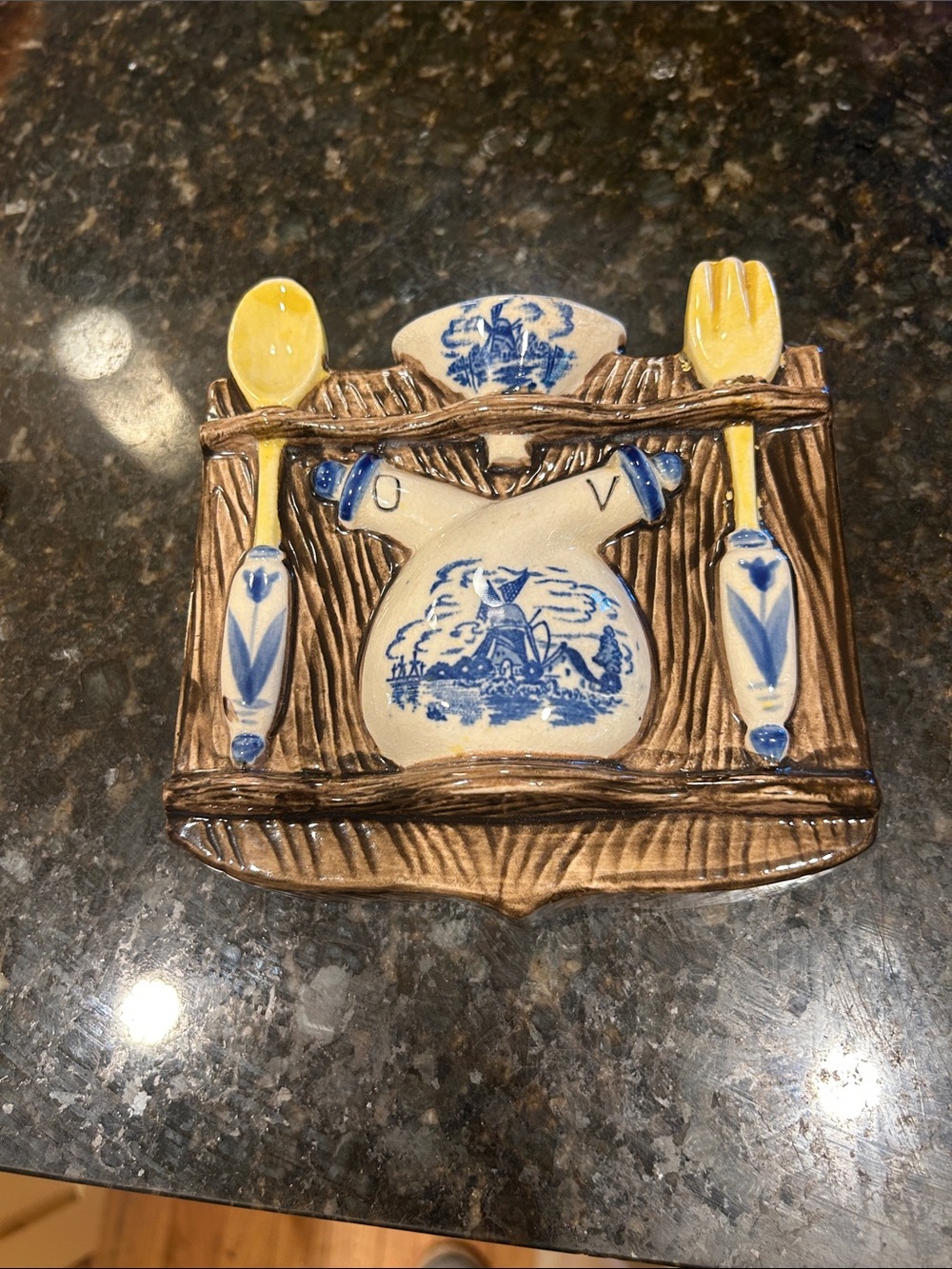 Vintage Blue and White Delft-Style Ceramic Wall Pocket with Yellow Accents